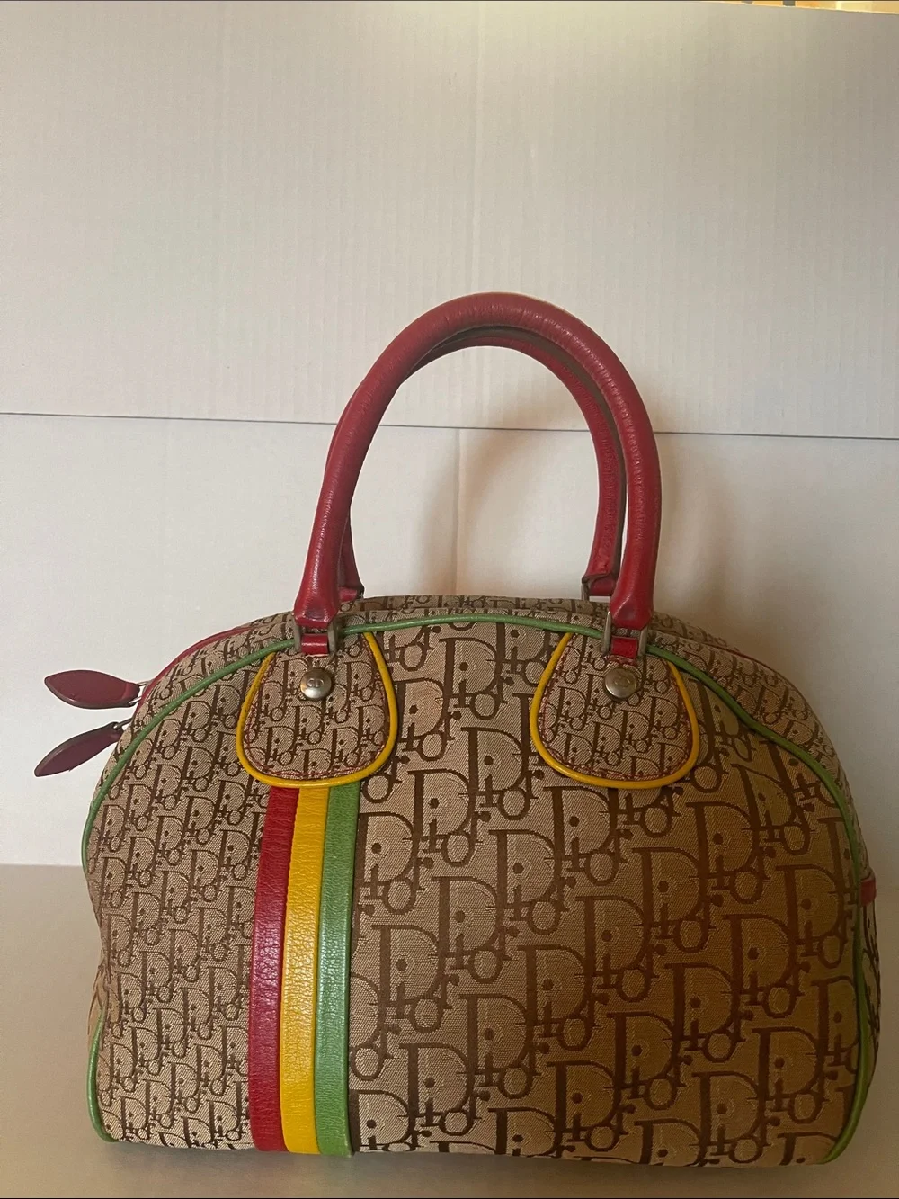 Vintage Dior Monogram Satchel with Red, Yellow & Green Trim